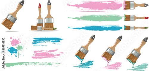 Isolated flat brushes with strokes and spots of paint 