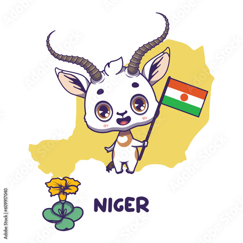 National animal gazelle holding the flag of Niger. National flower costus spectabilis displayed on bottom left