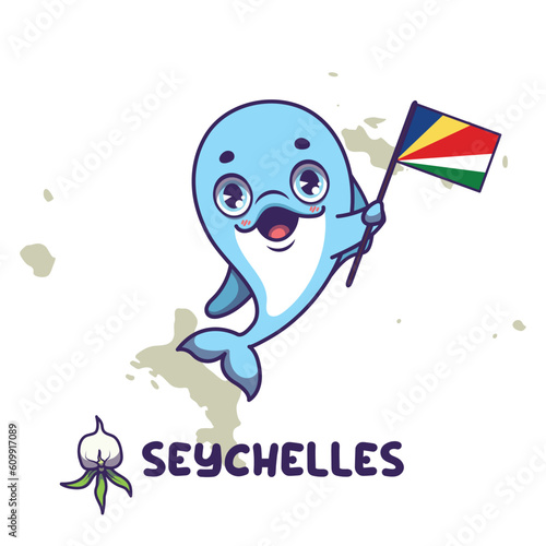 National animal dolphin holding the flag of Seychelles. National flower angraecum eborneum displayed on bottom left