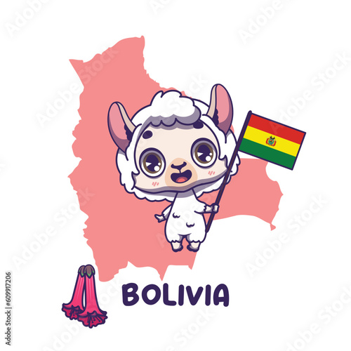 National animal llama holding the flag of Bolivia. National flower cantua buxifolia displayed on bottom left