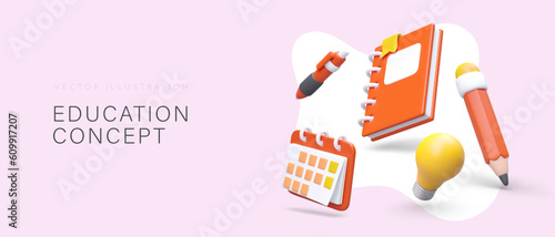Promo poster for university concept. 3d realistic notebook, pencil, bulb, pen and calendar. Stationery and school supplies store. Colorful vector illustration in cartoon style with pink background