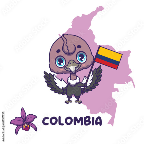National animal andean condor holding the flag of Colombia. National flower christmas orchid displayed on bottom left