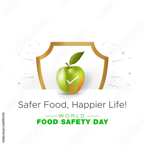 World food safety day. Healthy, fresh and safe food delivery Concept. Realistic 3d Apple and sheild illustration.