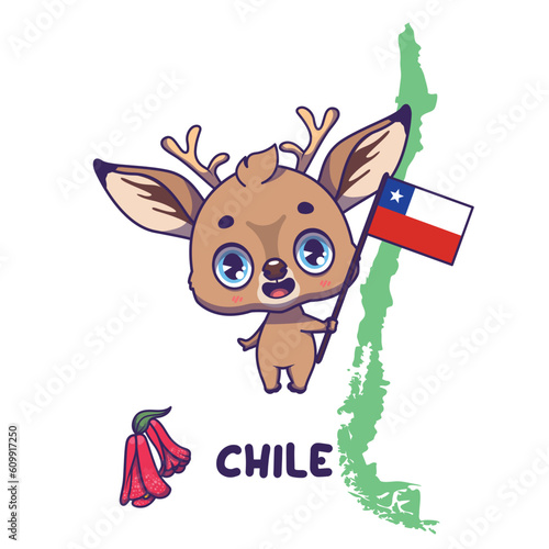 National animal huemul deer holding the flag of Chile. National flower lapageria displayed on bottom left