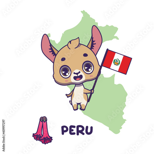 National animal vicuna holding the flag of Peru. National flower cantua buxifolia displayed on bottom left