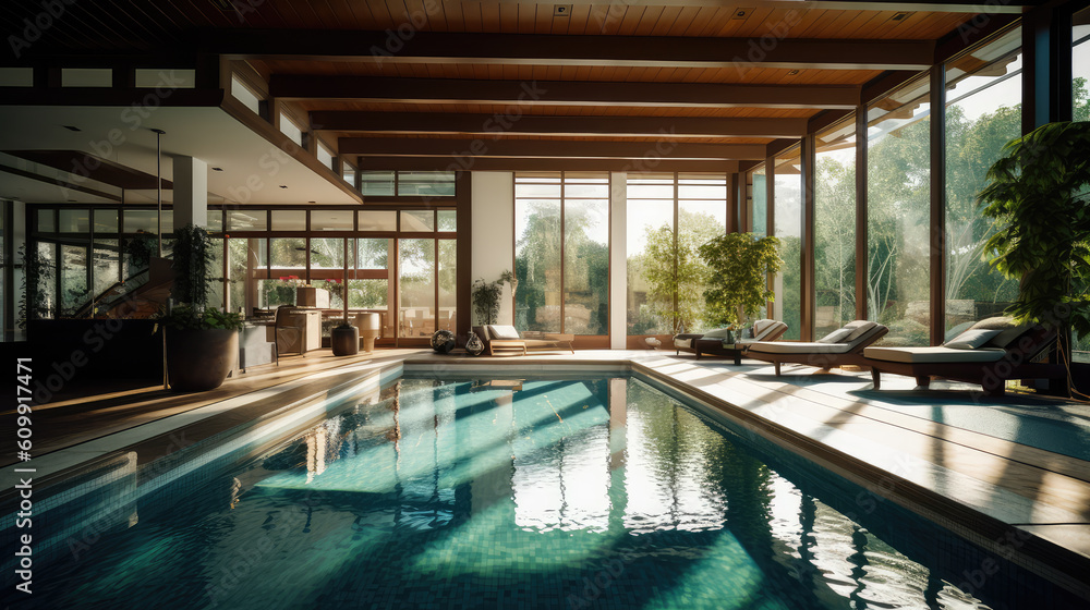 Fototapeta premium Generative ai illustration of internal view on a contemporary house with swimming pool