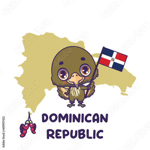 National animal palmchat holding the flag of Dominican Republic. National flower sabinea carinalis displayed on bottom left photo