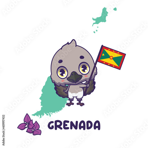National animal Grenada dove holding the flag of Grenada. National flower bougainvillaea displayed on bottom left