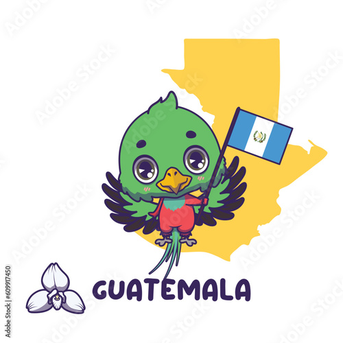 National animal resplendent quetzal holding the flag of Guatemala. National flower white nun orchid displayed on bottom left