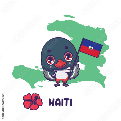 National animal Hispaniolan trogon holding the flag of Haiti. National flower hibiscus displayed on bottom left