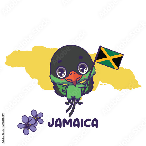 National animal red billed streamertail holding the flag of Jamaica. National flower lignum vitae displayed on bottom left