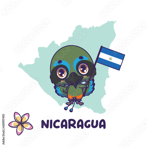 National animal turquoise browed motmot holding the flag of Nicaragua. National flower sacuanjoche displayed on bottom left