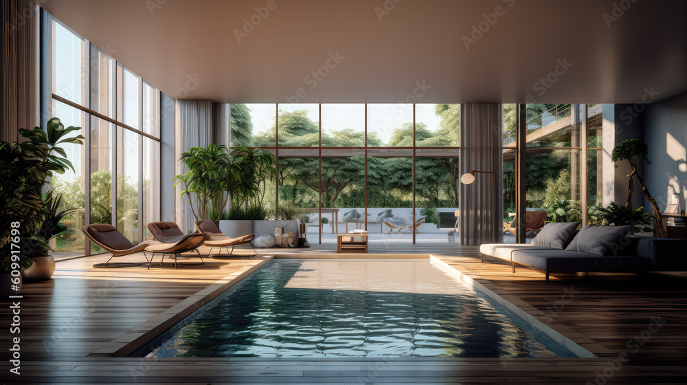 Fototapeta premium Generative ai illustration of internal view on a contemporary house with swimming pool