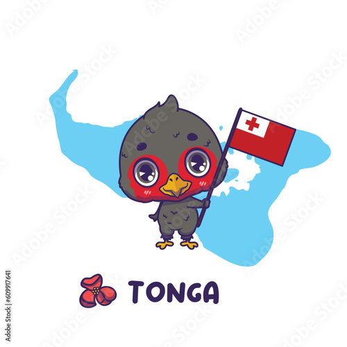 National animal tongan megapode holding the flag of Tonga. National flower heilala displayed on bottom left photo