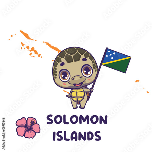 National animal sea turtle holding the flag of Solomon Islands. National flower hibiscus displayed on bottom left