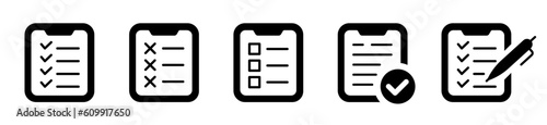 Clipboard checklist or document, contract icon set. Clip board or pad symbol. complete document page, complete document page, quality test mark. Vector illustration © vectorsanta