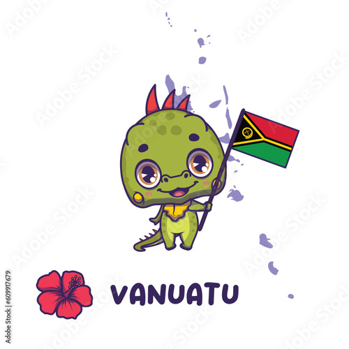 National animal iguana holding the flag of Vanuatu. National flower hibiscus displayed on bottom left