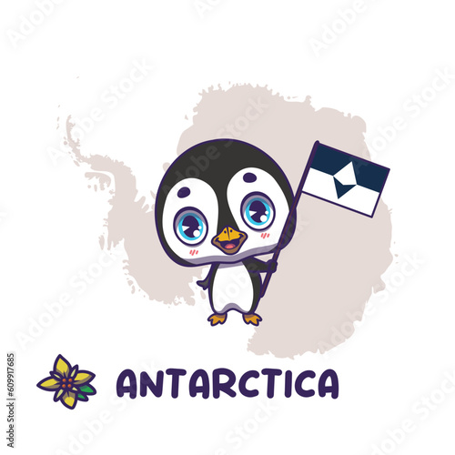 National animal penguin holding the flag of Antarctica. National flower hibiscus displayed on bottom left
