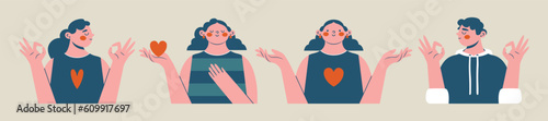 Modern abstract persons. Man, women, who showing OK gesture, holding heart in hand, spreading hands, holding chest with hand. Mental health support concept. Flat comic clip arts. Funny quirky people.