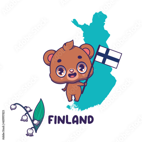 National animal bear holding the flag of Finland. National flower lily of the valley displayed on bottom left