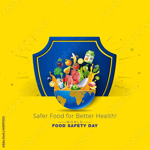 World Food Safety Day on 7 June. Safer food, better health concept poster. Promotional advertisement for food service and delivery.