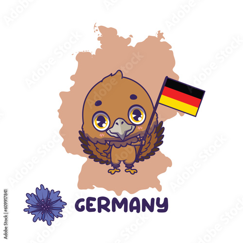 National animal eagle holding the flag of Germany. National flower cornflower displayed on bottom left