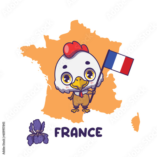 National animal gallic rooster holding the flag of France. National flower iris displayed on bottom left