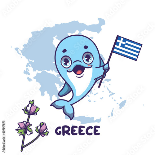 National animal dolphin holding the flag of Greece. National flower bear's breech displayed on bottom left
