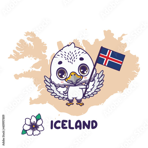 National animal gyrfalcon holding the flag of Iceland. National flower mountain avens displayed on bottom left