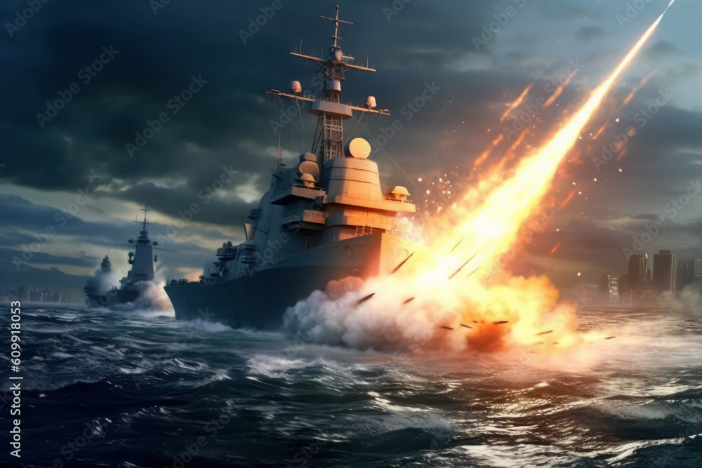 Rocket launch from a warship on the high seas, AI Generated Rocket launch from a warship on the high seas, AI Generated