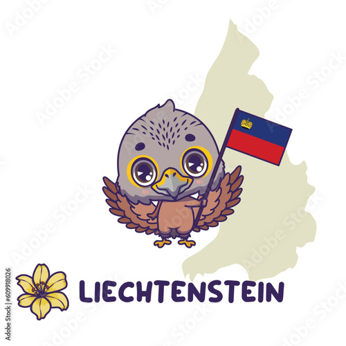 National animal kestrel holding the flag of Liechtenstein. National flower yellow lily displayed on bottom left