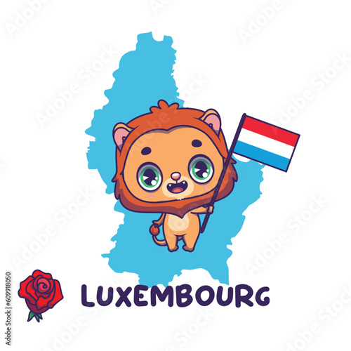 National animal red lion holding the flag of Luxembourg. National flower rose displayed on bottom left