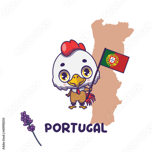 National animal rooster holding the flag of Portugal. National flower lavender displayed on bottom left