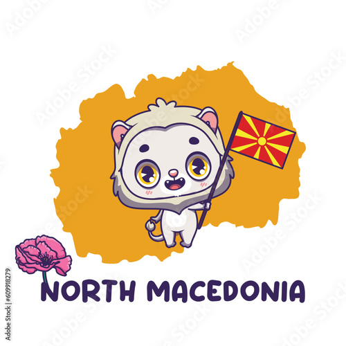 National animal macedonian lion holding the flag of North Macedonia. National flower poppy displayed on bottom left