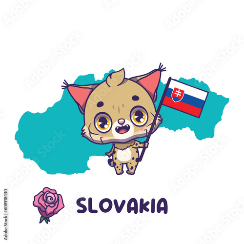 National animal lynx holding the flag of Slovakia. National flower pink rose displayed on bottom left