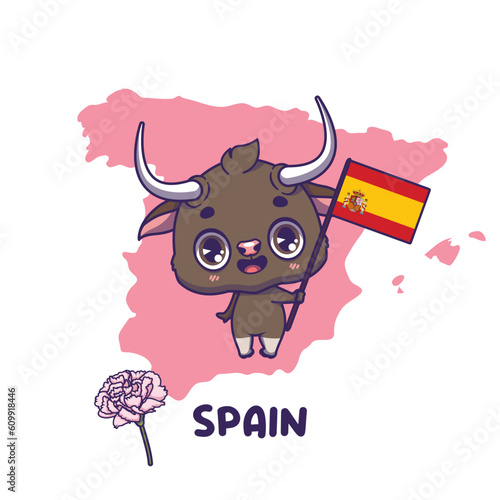 National animal bull holding the flag of Spain. National flower carnation displayed on bottom left