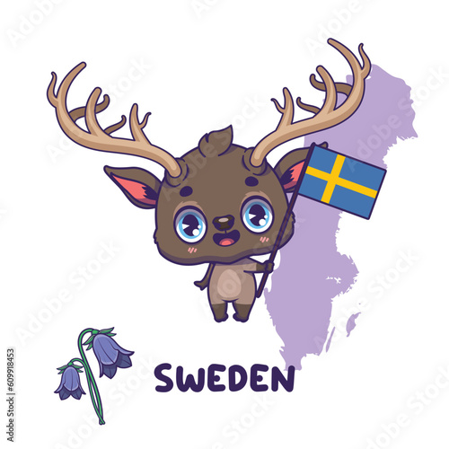 National animal elk holding the flag of Sweden. National flower harebell displayed on bottom left