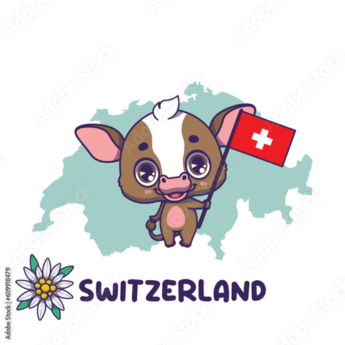 National animal cow holding the flag of Switzerland. National flower edelweiss displayed on bottom left