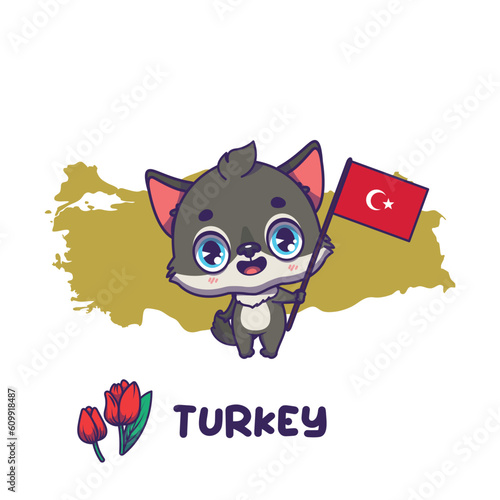National animal grey wold holding the flag of Turkey. National flower tulip displayed on bottom left