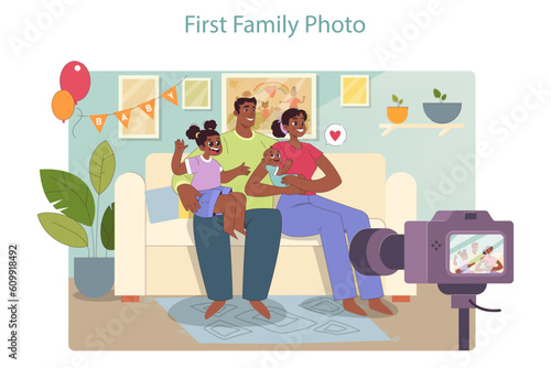 Family portrait. Mother, father and two kids taking a picture. Smiling