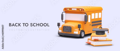 Back to school. Color poster with 3D yellow bus, stack of books. Cute illustration in plasticine style. Advertising of educational services. Banner layout for educational application