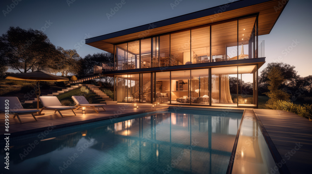 Fototapeta premium Generative ai illustration of internal view on a contemporary house with swimming pool