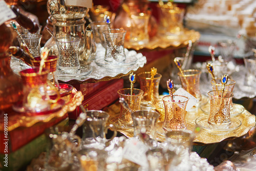 Beautiful tea set on Egyptian Bazaar or Spice Bazaar, one of the largest bazaars in Istanbul, Turkey