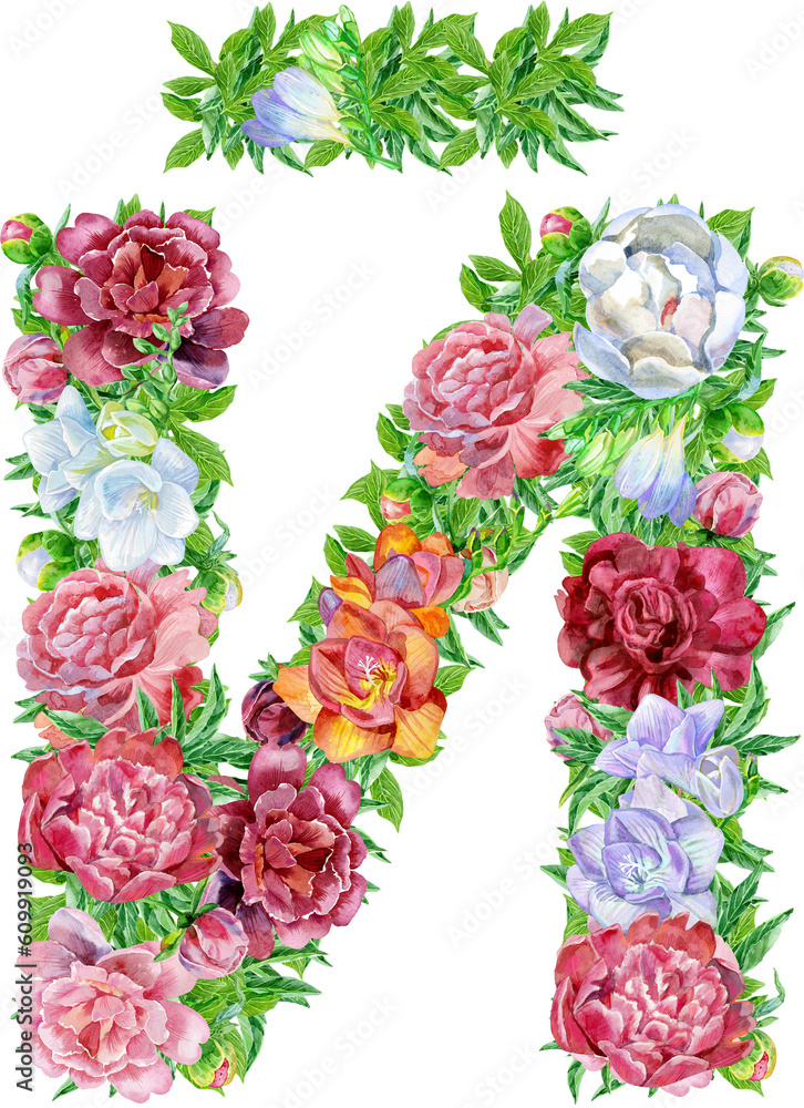 Letter of watercolor flowers. Cyrillic Russian font alphabet. 11