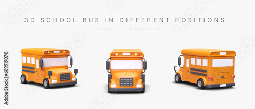 3D school bus in different positions. Classic yellow vehicle for safe transportation of schoolchildren. Group children excursions. Isolated vector illustration with shadows