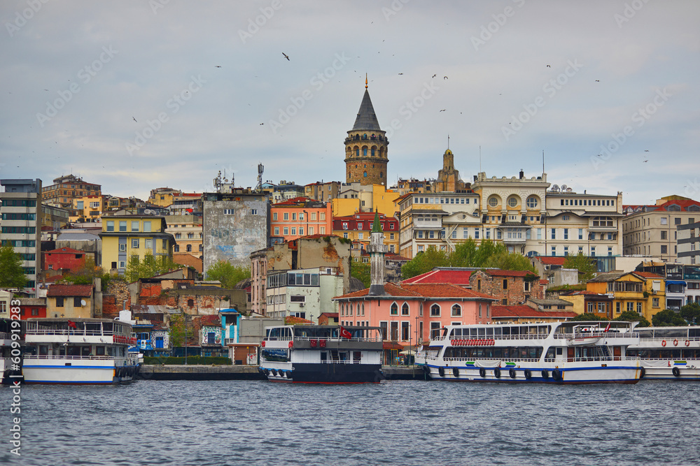 Scenic view of Galata tower across Bosphorus strait in Istanbul, Turkey