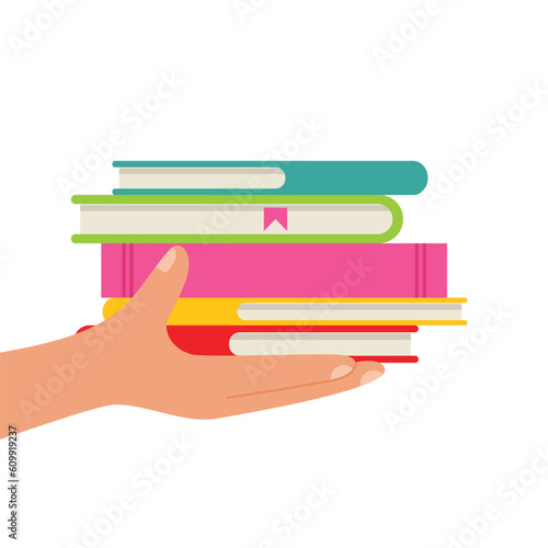 The child's hand is holding a stack of colorful books. Vector.