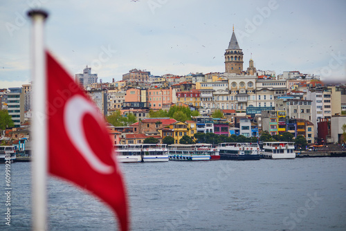 View of Istanbul, Turkey with Galata tower over Bosphorus Strait photo