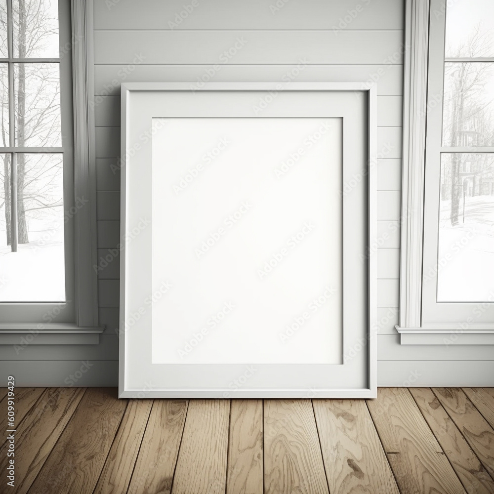 Vertical white frame mockup for poster. Front view template for photo on wooden floor and wall with windows. Generative AI
Vertical white frame mockup for poster. Front view template for photo on wooden floor and wall with windows. Generative AI