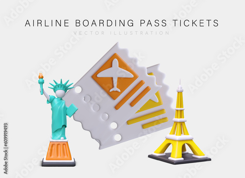 Airline boarding pass tickets. Intercontinental travel. Realistic Statue of Liberty, Eiffel Tower, perforated plane tickets. Template for airlines, intermediaries. Booking flights and seats